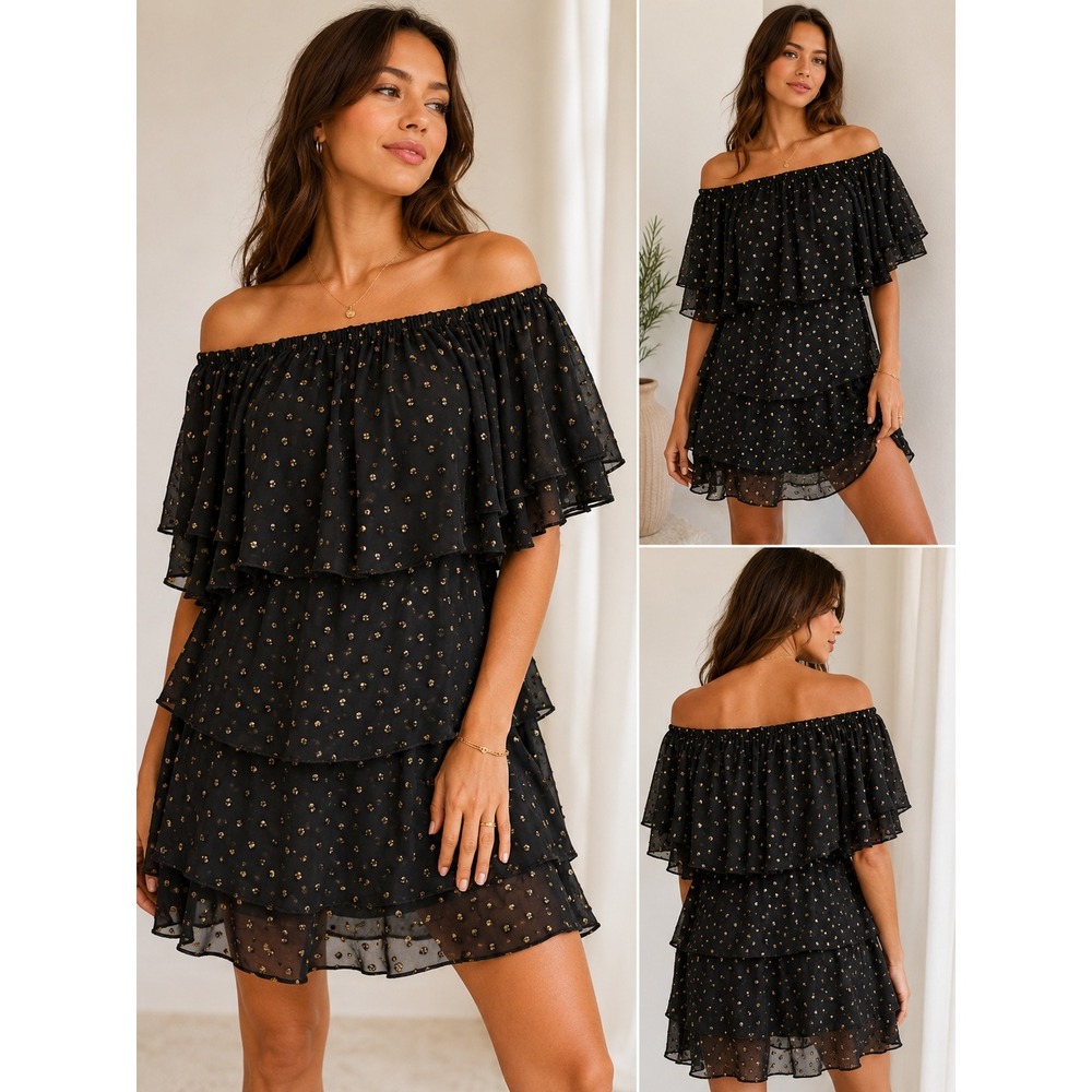 Show Me Your Mumu Dress Womens Small Boho Glam Tiered Gold Metallic Clip Dot